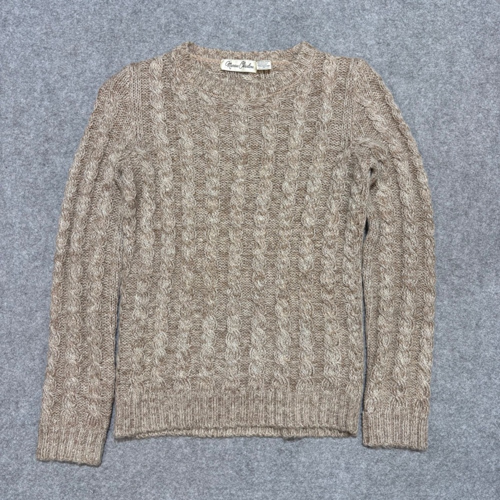 Marisa Christina Vintage Mohair Wool Blend Cable Knit Sweater Tan Brown Crewneck